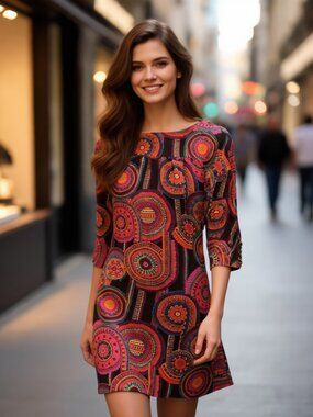 Trina Turk (US S) Silk Medallion Print Shift Dress Blue Pink Retro Mod Size 2